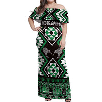 Personalised Taniko Motifs Aotearoa Off Shoulder Maxi Dress Waitangi Kowhaiwhai Kiwi - Green LT7 Women Green - Polynesian Pride