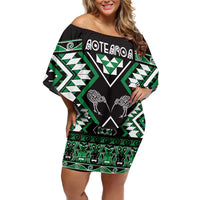 Personalised Taniko Motifs Aotearoa Off Shoulder Short Dress Waitangi Kowhaiwhai Kiwi - Green LT7 Women Green - Polynesian Pride