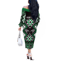 Personalised Taniko Motifs Aotearoa Off The Shoulder Long Sleeve Dress Waitangi Kowhaiwhai Kiwi - Green LT7 - Polynesian Pride