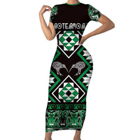 Personalised Taniko Motifs Aotearoa Short Sleeve Bodycon Dress Waitangi Kowhaiwhai Kiwi - Green LT7 Long Dress Green - Polynesian Pride