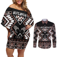 Personalised Taniko Motifs Aotearoa Couples Matching Off Shoulder Short Dress and Long Sleeve Button Shirt Waitangi Kowhaiwhai Kiwi - Mocha LT7 Mocha - Polynesian Pride