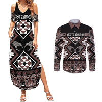Personalised Taniko Motifs Aotearoa Couples Matching Summer Maxi Dress and Long Sleeve Button Shirt Waitangi Kowhaiwhai Kiwi - Mocha LT7 Mocha - Polynesian Pride