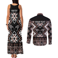 Personalised Taniko Motifs Aotearoa Couples Matching Tank Maxi Dress and Long Sleeve Button Shirt Waitangi Kowhaiwhai Kiwi - Mocha LT7 - Polynesian Pride