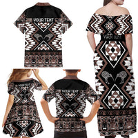 Personalised Taniko Motifs Aotearoa Family Matching Off Shoulder Maxi Dress and Hawaiian Shirt Waitangi Kowhaiwhai Kiwi - Mocha LT7 - Polynesian Pride