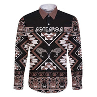 Personalised Taniko Motifs Aotearoa Family Matching Off Shoulder Maxi Dress and Hawaiian Shirt Waitangi Kowhaiwhai Kiwi - Mocha LT7 Dad's Shirt - Long Sleeve Mocha - Polynesian Pride