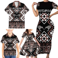 Personalised Taniko Motifs Aotearoa Family Matching Short Sleeve Bodycon Dress and Hawaiian Shirt Waitangi Kowhaiwhai Kiwi - Mocha LT7 - Polynesian Pride