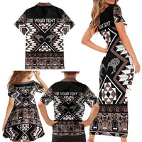 Personalised Taniko Motifs Aotearoa Family Matching Short Sleeve Bodycon Dress and Hawaiian Shirt Waitangi Kowhaiwhai Kiwi - Mocha LT7 - Polynesian Pride