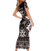 Personalised Taniko Motifs Aotearoa Family Matching Short Sleeve Bodycon Dress and Hawaiian Shirt Waitangi Kowhaiwhai Kiwi - Mocha LT7 - Polynesian Pride