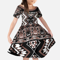 Personalised Taniko Motifs Aotearoa Family Matching Summer Maxi Dress and Hawaiian Shirt Waitangi Kowhaiwhai Kiwi - Mocha LT7 Daughter's Dress Mocha - Polynesian Pride