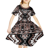 Personalised Taniko Motifs Aotearoa Kid Short Sleeve Dress Waitangi Kowhaiwhai Kiwi - Mocha LT7 - Polynesian Pride
