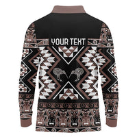 Personalised Taniko Motifs Aotearoa Long Sleeve Polo Shirt Waitangi Kowhaiwhai Kiwi - Mocha LT7 - Polynesian Pride
