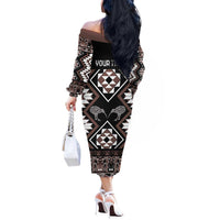 Personalised Taniko Motifs Aotearoa Off The Shoulder Long Sleeve Dress Waitangi Kowhaiwhai Kiwi - Mocha LT7 - Polynesian Pride