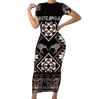 Personalised Taniko Motifs Aotearoa Short Sleeve Bodycon Dress Waitangi Kowhaiwhai Kiwi - Mocha LT7 Long Dress Mocha - Polynesian Pride