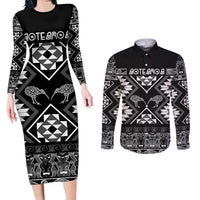 Personalised Taniko Motifs Aotearoa Couples Matching Long Sleeve Bodycon Dress and Long Sleeve Button Shirt Waitangi Kowhaiwhai Kiwi - Monochrome LT7 Grey - Polynesian Pride