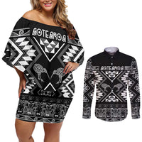 Personalised Taniko Motifs Aotearoa Couples Matching Off Shoulder Short Dress and Long Sleeve Button Shirt Waitangi Kowhaiwhai Kiwi - Monochrome LT7 Grey - Polynesian Pride