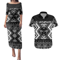 Personalised Taniko Motifs Aotearoa Couples Matching Puletasi and Hawaiian Shirt Waitangi Kowhaiwhai Kiwi - Monochrome LT7 Grey - Polynesian Pride