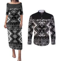 Personalised Taniko Motifs Aotearoa Couples Matching Puletasi and Long Sleeve Button Shirt Waitangi Kowhaiwhai Kiwi - Monochrome LT7 Grey - Polynesian Pride