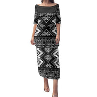 Personalised Taniko Motifs Aotearoa Family Matching Puletasi and Hawaiian Shirt Waitangi Kowhaiwhai Kiwi - Monochrome LT7 Mom's Dress Grey - Polynesian Pride
