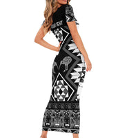 Personalised Taniko Motifs Aotearoa Family Matching Short Sleeve Bodycon Dress and Hawaiian Shirt Waitangi Kowhaiwhai Kiwi - Monochrome LT7 - Polynesian Pride