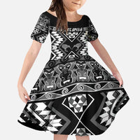 Personalised Taniko Motifs Aotearoa Family Matching Summer Maxi Dress and Hawaiian Shirt Waitangi Kowhaiwhai Kiwi - Monochrome LT7 Daughter's Dress Grey - Polynesian Pride