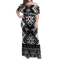 Personalised Taniko Motifs Aotearoa Off Shoulder Maxi Dress Waitangi Kowhaiwhai Kiwi - Monochrome LT7 Women Grey - Polynesian Pride