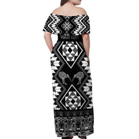 Personalised Taniko Motifs Aotearoa Off Shoulder Maxi Dress Waitangi Kowhaiwhai Kiwi - Monochrome LT7 - Polynesian Pride