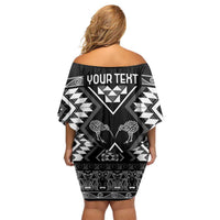 Personalised Taniko Motifs Aotearoa Off Shoulder Short Dress Waitangi Kowhaiwhai Kiwi - Monochrome LT7 - Polynesian Pride