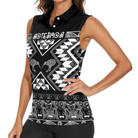 Personalised Taniko Motifs Aotearoa Women Sleeveless Polo Shirt Waitangi Kowhaiwhai Kiwi - Monochrome LT7 - Polynesian Pride