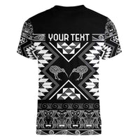 Personalised Taniko Motifs Aotearoa Women V-Neck T-Shirt Waitangi Kowhaiwhai Kiwi - Monochrome LT7 - Polynesian Pride