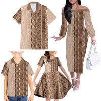 Vintage Beige Hawaiian Traditional Kapa Mix Flowers Lei Family Matching Off The Shoulder Long Sleeve Dress and Hawaiian Shirt LT7 - Polynesian Pride