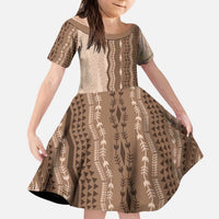Vintage Beige Hawaiian Traditional Kapa Mix Flowers Lei Kid Short Sleeve Dress LT7 KID Beige - Polynesian Pride