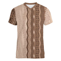 Vintage Beige Hawaiian Traditional Kapa Mix Flowers Lei Women V-Neck T-Shirt LT7 Female Beige - Polynesian Pride