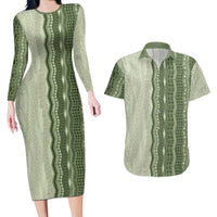 Vintage Sage Green Hawaiian Traditional Kapa Mix Flowers Lei Couples Matching Long Sleeve Bodycon Dress and Hawaiian Shirt LT7 Sage Green - Polynesian Pride