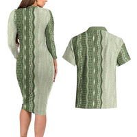 Vintage Sage Green Hawaiian Traditional Kapa Mix Flowers Lei Couples Matching Long Sleeve Bodycon Dress and Hawaiian Shirt LT7 - Polynesian Pride