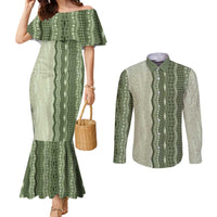 Vintage Sage Green Hawaiian Traditional Kapa Mix Flowers Lei Couples Matching Mermaid Dress and Long Sleeve Button Shirt LT7 Sage Green - Polynesian Pride