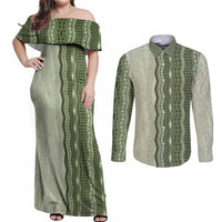 Vintage Sage Green Hawaiian Traditional Kapa Mix Flowers Lei Couples Matching Off Shoulder Maxi Dress and Long Sleeve Button Shirt LT7 Sage Green - Polynesian Pride