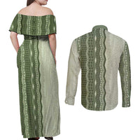 Vintage Sage Green Hawaiian Traditional Kapa Mix Flowers Lei Couples Matching Off Shoulder Maxi Dress and Long Sleeve Button Shirt LT7 - Polynesian Pride