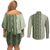 Vintage Sage Green Hawaiian Traditional Kapa Mix Flowers Lei Couples Matching Off Shoulder Short Dress and Long Sleeve Button Shirt LT7 - Polynesian Pride