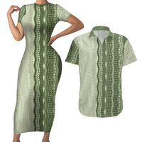 Vintage Sage Green Hawaiian Traditional Kapa Mix Flowers Lei Couples Matching Short Sleeve Bodycon Dress and Hawaiian Shirt LT7 Sage Green - Polynesian Pride