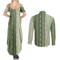 Vintage Sage Green Hawaiian Traditional Kapa Mix Flowers Lei Couples Matching Summer Maxi Dress and Long Sleeve Button Shirt LT7 - Polynesian Pride