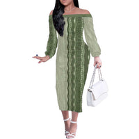 Vintage Sage Green Hawaiian Traditional Kapa Mix Flowers Lei Family Matching Off The Shoulder Long Sleeve Dress and Hawaiian Shirt LT7 Mom's Dress Sage Green - Polynesian Pride