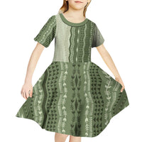Vintage Sage Green Hawaiian Traditional Kapa Mix Flowers Lei Kid Short Sleeve Dress LT7 - Polynesian Pride