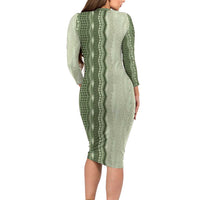 Vintage Sage Green Hawaiian Traditional Kapa Mix Flowers Lei Long Sleeve Bodycon Dress LT7 - Polynesian Pride