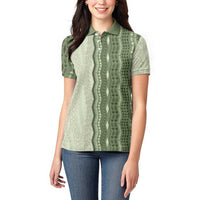 Vintage Sage Green Hawaiian Traditional Kapa Mix Flowers Lei Women Polo Shirt LT7 - Polynesian Pride