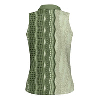 Vintage Sage Green Hawaiian Traditional Kapa Mix Flowers Lei Women Sleeveless Polo Shirt LT7 - Polynesian Pride