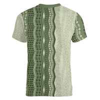 Vintage Sage Green Hawaiian Traditional Kapa Mix Flowers Lei Women V-Neck T-Shirt LT7 - Polynesian Pride
