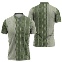 Vintage Sage Green Hawaiian Traditional Kapa Mix Flowers Lei Zipper Polo Shirt LT7 - Polynesian Pride