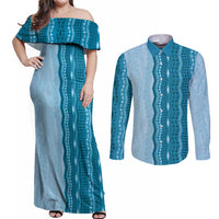Vintage Cobalt Blue Hawaiian Traditional Kapa Mix Flowers Lei Couples Matching Off Shoulder Maxi Dress and Long Sleeve Button Shirt LT7 Cobalt Blue - Polynesian Pride