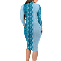 Vintage Cobalt Blue Hawaiian Traditional Kapa Mix Flowers Lei Long Sleeve Bodycon Dress LT7 - Polynesian Pride