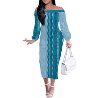 Vintage Cobalt Blue Hawaiian Traditional Kapa Mix Flowers Lei Off The Shoulder Long Sleeve Dress LT7 Women Cobalt Blue - Polynesian Pride